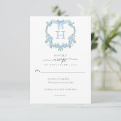 Cartons Réponse Mariage Monogramme Couronne Hydrangea Bleu Poussié (Debout devant)