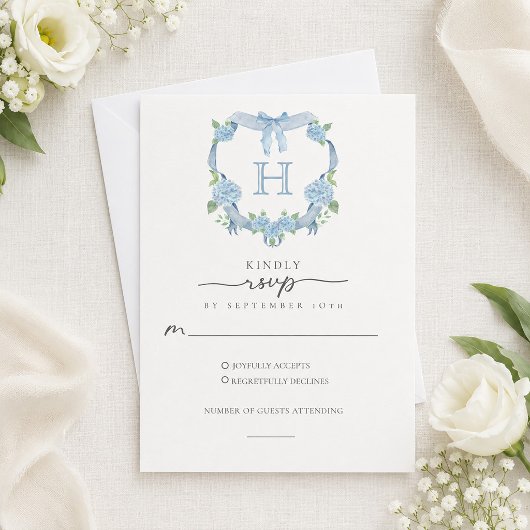 Cartons Réponse Mariage Monogramme Couronne Hydrangea Bleu Poussié