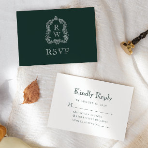 Cartons Réponse Mariage Monogramme Crête Vert Forêt