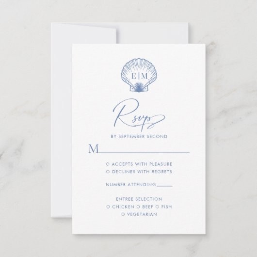 Cartons Réponse Mariage Monogramme du Coastal Blue Seashell (Devant)