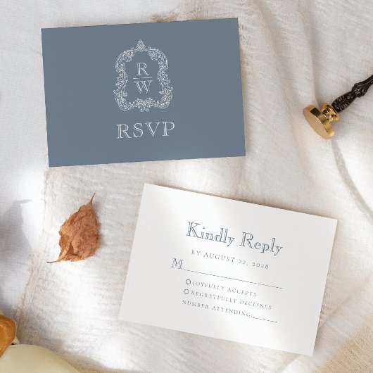 Cartons Réponse Mariage Monogramme Dusty Blue Crest