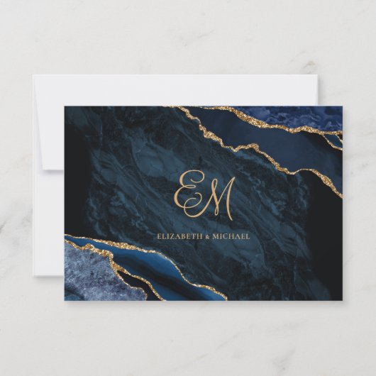 Cartons Réponse Mariage Monogramme  en marbre bleu marine (Dos)