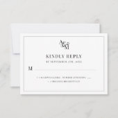 Cartons Réponse Mariage Monogramme Noir Blanc Simple Élégant (Devant)