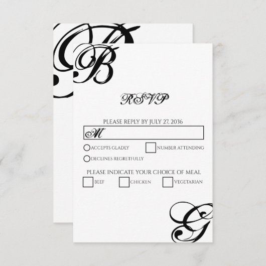 Cartons Réponse Mariage Monogramme noir et blanc (Devant / Derrière)