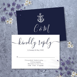 Cartons Réponse Mariage Nautique Monogramme Ancre Bleu Marine