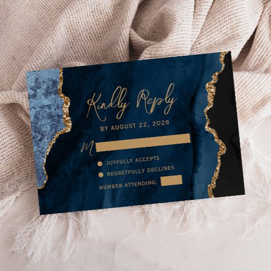 Cartons Réponse Mariage Navy Blue Agate Or Script