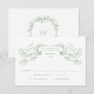 Cartons Réponse Mariage Oiseaux Toile Vert Sauge