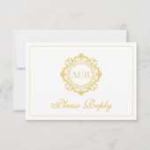 Cartons Réponse Mariage or de monogramme floral orné (Devant)