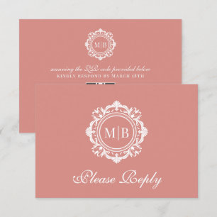 Cartons Réponse Mariage or Rose de monogramme floral orné
