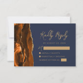 Cartons Réponse Mariage Orange Brûlé Agate Or Script Bleu Nuit (Devant)