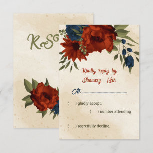 Cartons Réponse mariage orangé et bleu marine brûlé