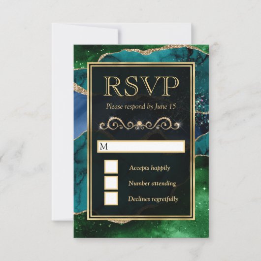 Cartons Réponse Mariage Pailleté Agate Bleu Vert et Or (Devant)
