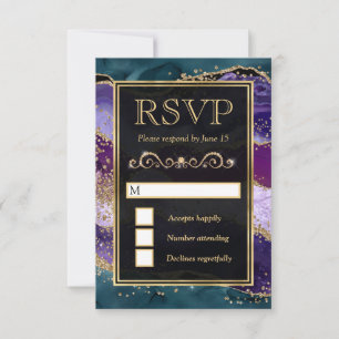 Cartons Réponse Mariage Paillettes d'Agate Sarcelle, Violet et Or