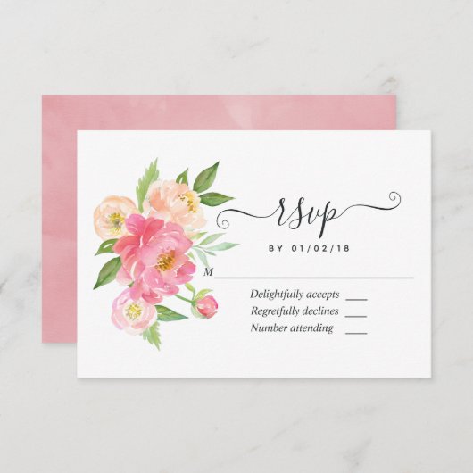 Cartons Réponse Mariage Pastel Pink Spring Watercolor Peonies (Devant / Derrière)