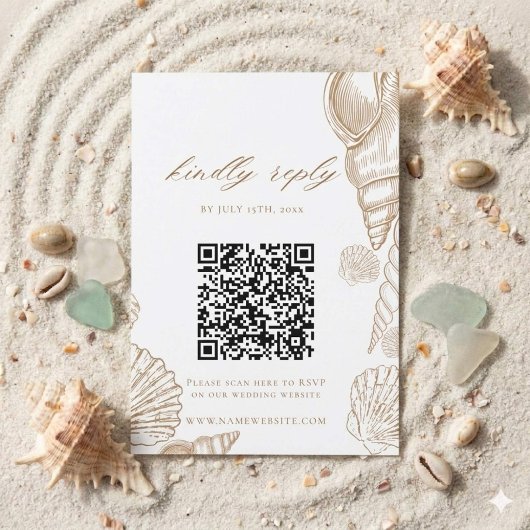 Cartons Réponse Mariage QR Code Coquilles Dorées & Blanches Côtièr