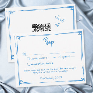 Cartons Réponse Mariage QR de cœur dessiné à la main bleu blanc