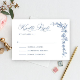 Cartons Réponse Mariage Renaissance Orné Floral Bleu Poussiéreux