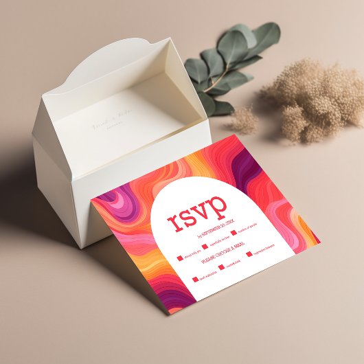 Cartons Réponse Mariage rétro funky avec arche rose et orange