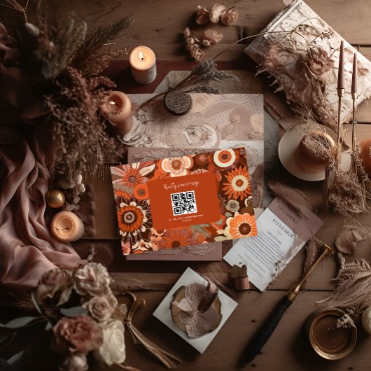 Cartons Réponse Mariage rétro groovy orange floral brûlé