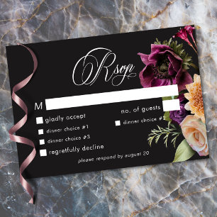 Cartons Réponse Mariage Romantique Floral Sombre Noir Bourgogne