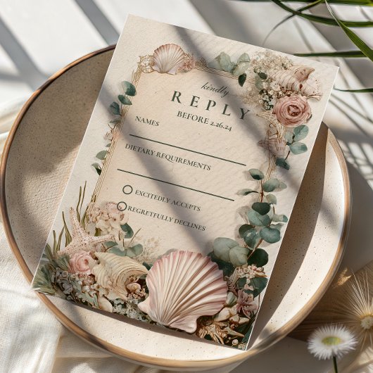 Cartons Réponse Mariage Romantique Vintage sur la Côte aux Coquill