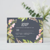 Cartons Réponse Mariage rose Floral moderne bleu foncé (Debout devant)