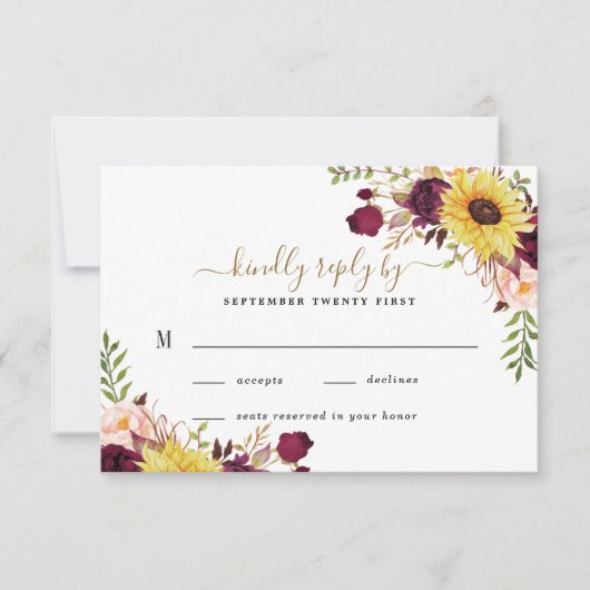 Cartons Réponse Mariage Rose Sunflower Bourgogne Gold Blush Peony (Devant)