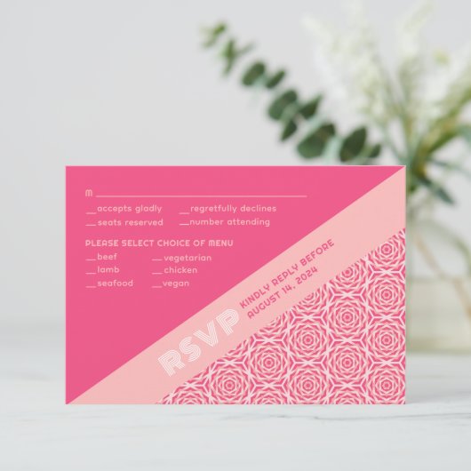 Cartons Réponse Mariage rouge Rose géométrique (Debout devant)