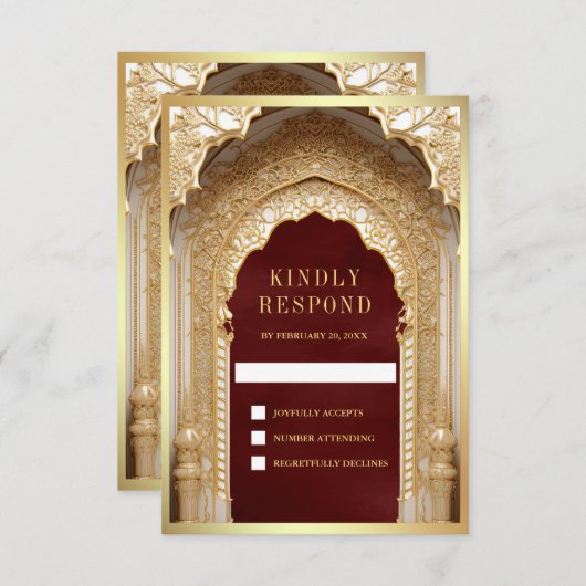 Cartons Réponse Mariage Royal Gold Arch Maroon (Devant / Derrière)