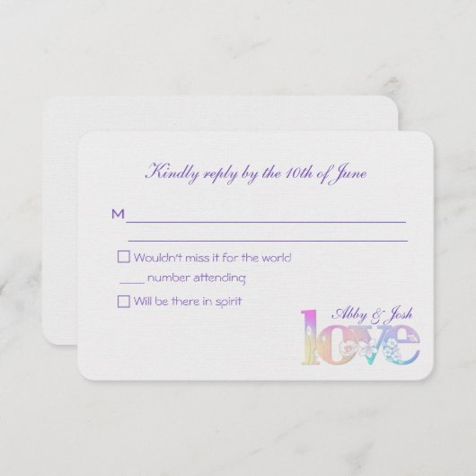 Cartons Réponse mariage RSVP-arc-en-ciel texte d'amour sur blanc (Devant / Derrière)