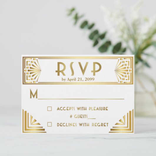 Cartons Réponse Mariage RSVP, Grand Gatsby, or sur blanc (Debout devant)