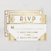 Cartons Réponse Mariage RSVP, Grand Gatsby, or sur blanc (Devant / Derrière)