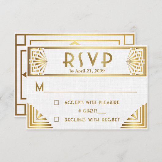Cartons Réponse Mariage RSVP, Grand Gatsby, or sur blanc (Devant / Derrière)
