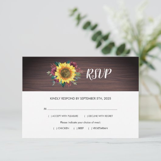Cartons Réponse Mariage Rustic Sunflower Wood Repas (Debout devant)