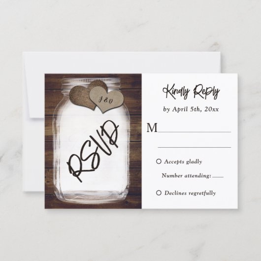Cartons Réponse Mariage rustique avec pot Mason en bois et toile d (Devant)