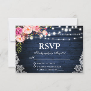 Cartons Réponse Mariage rustique Bleu Bois Lumières Florales Dente
