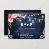 Cartons Réponse Mariage Rustique Bleu Bois Rose Lumières Florales