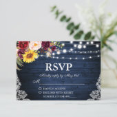 Cartons Réponse Mariage Rustique Bleu Chaîne Lumières Dentelle Flo (Debout devant)