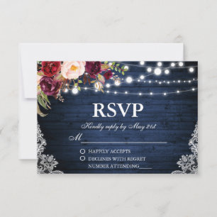 Cartons Réponse Mariage rustique Bleu Lumières dentelle Floral RSV