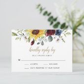 Cartons Réponse Mariage rustique bleu marine avec tournesols et ro (Debout devant)