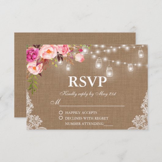 Cartons Réponse Mariage rustique Burlap Lumières Florales Jars Lac (Devant / Derrière)