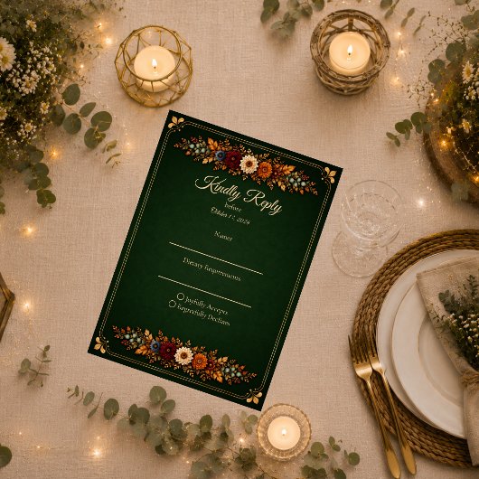 Cartons Réponse Mariage rustique d'automne en vert forêt
