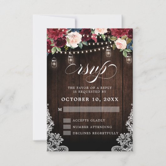 Cartons Réponse Mariage Rustique en Bois dans un Pot Mason Floral (Devant)