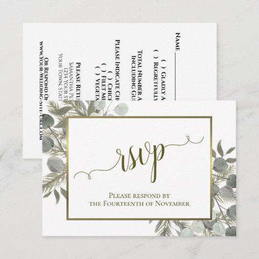 Cartons Réponse Mariage Rustique Eucalyptus & Pin Sage Vert & Or (Devant / Derrière)