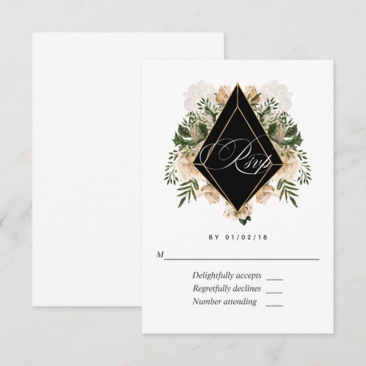 Cartons Réponse Mariage rustique polygonal floral ivoire (Devant / Derrière)