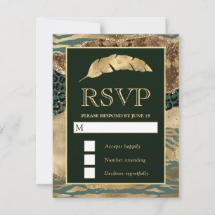 Cartons Réponse Mariage Safari Animal Vert et Or Paillettes Agate