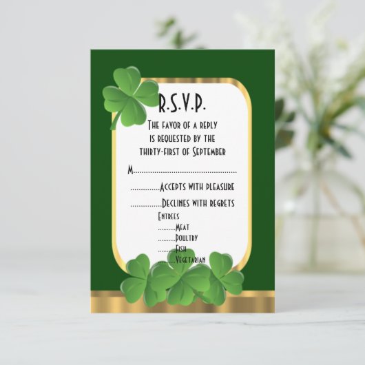 Cartons Réponse Mariage shamrock irlandais vert or R.S.V.P (Debout devant)