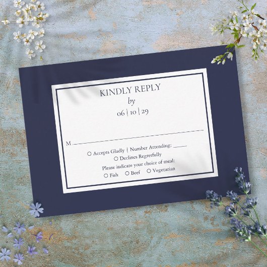 Cartons Réponse Mariage Simple Bleu Nuit et Blanc Classique