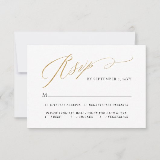 Cartons Réponse Mariage Simple Élégant Script Choix de Repas Or (Devant)