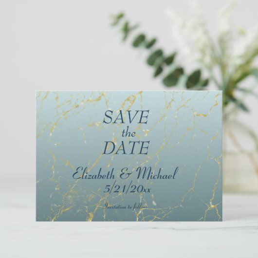 Cartons Réponse Mariage Simple Ombre Blue Gold Enregistrer la cart (Debout devant)